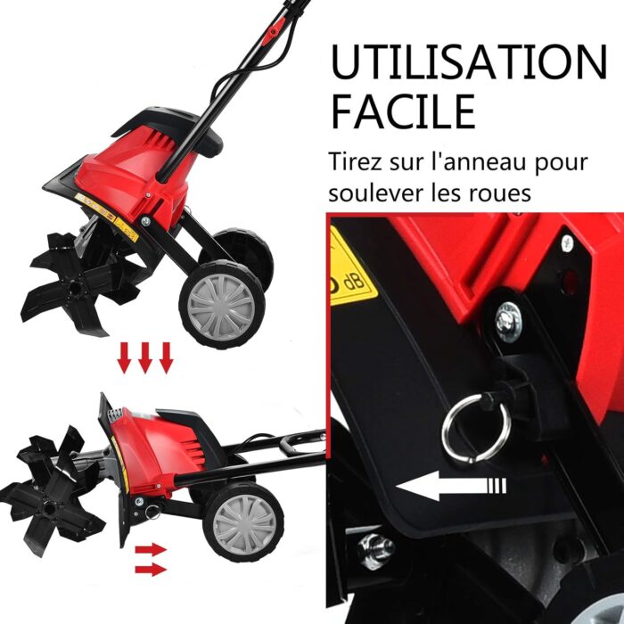 Motobineuse Électrique 1200W Profondeur de Travail 22CM Largeur de 35CM avec Poignée Pliable et Roues Réglables 4 Lames – Image 4