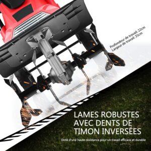 Motobineuse Électrique 1200W Profondeur de Travail 22CM Largeur de 35CM avec Poignée Pliable et Roues Réglables 4 Lames