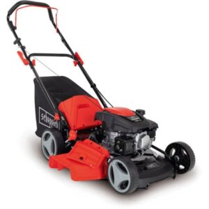 Scheppach Tondeuse à gazon à essence MP150-46 – Moteur à essence 4 temps 3,5 CV – Largeur de coupe 46 cm – 8 hauteurs de coupe – Bac de 55 l – Mulching – Ejection latérale – Huile incluse