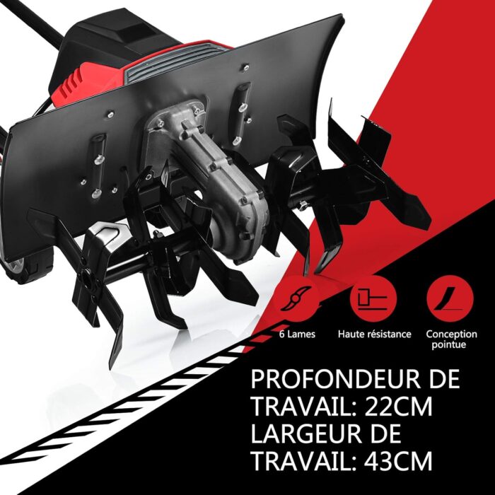 Motobineuse motoculteur électrique 1500w profondeur travail 22cm largeur 43cm réglables 6 lames – Image 2