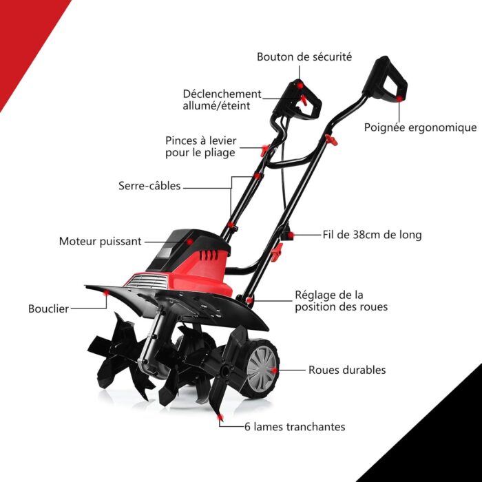 Motobineuse motoculteur électrique 1500w profondeur travail 22cm largeur 43cm réglables 6 lames – Image 4